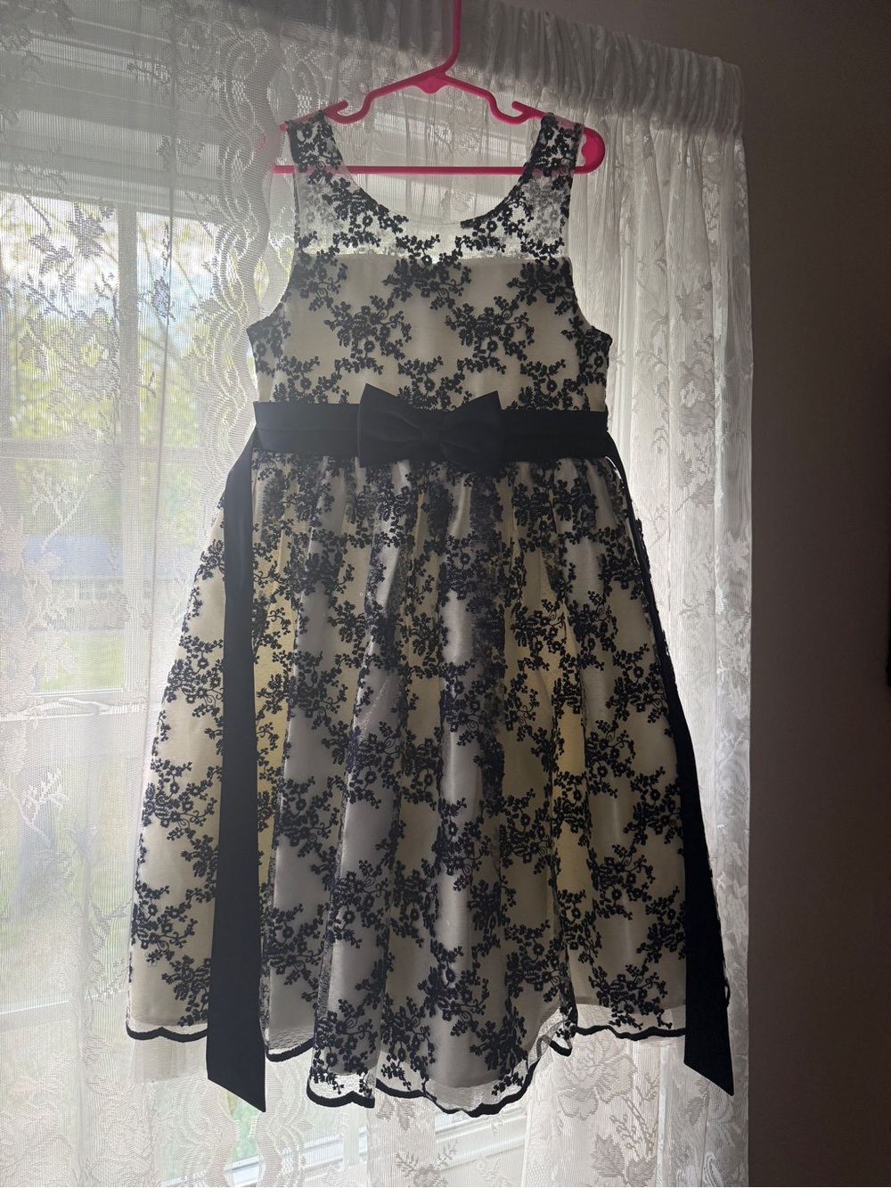 Girls Black and Ivory Floral Lace Party Dress with Ribbon Sash